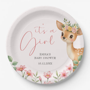 It's A Girl Cute Deer Baby Shower Paper Plate