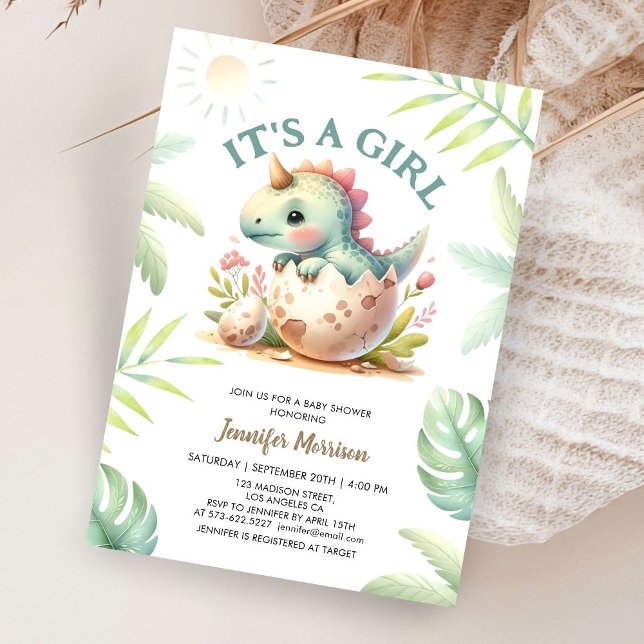 It's a Girl! Cute Dino Dinosaur Girl Baby Shower Invitation (Creator Uploaded)