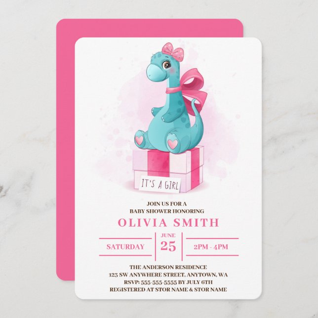 It's a Girl Cute Dinosaur Baby Shower Invitation (Front/Back)