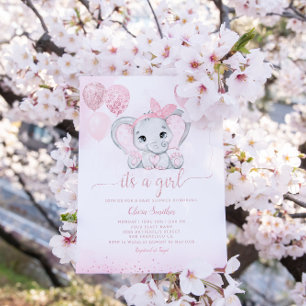 It's a Girl Cute Elephant & Balloon Baby Shower  Invitation
