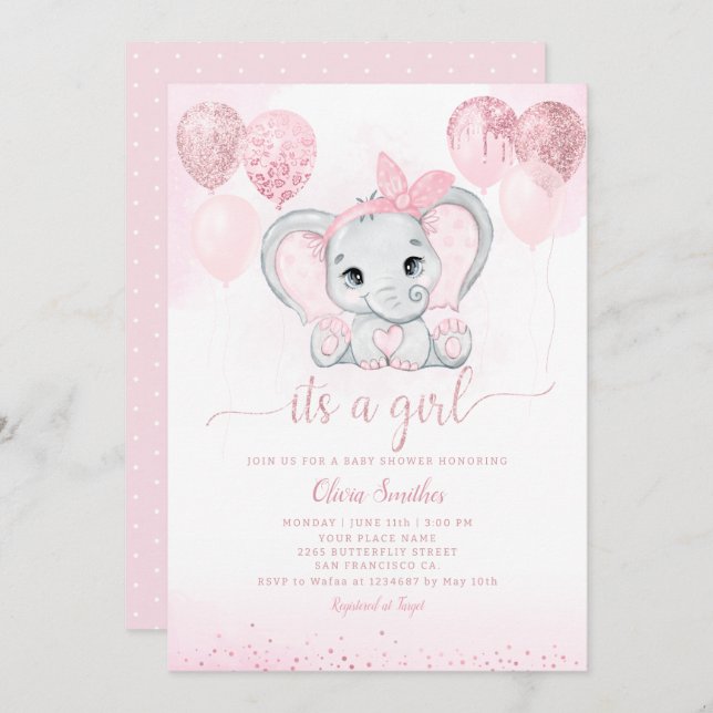 It's a Girl Cute Elephant & Balloon Baby Shower  Invitation (Front/Back)