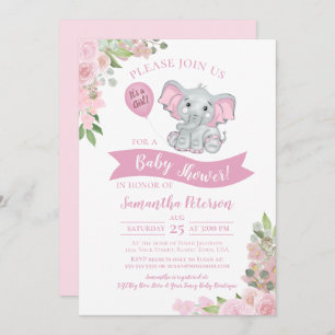 It's a Girl! Cute Elephant Pink Floral Baby Shower Invitation