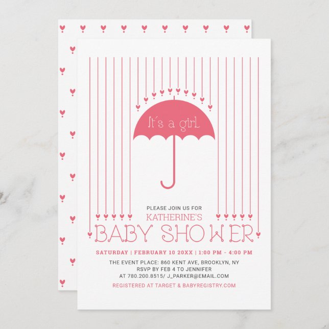 It's a girl | Cute Hearts & Umbrella Baby Shower Invitation (Front/Back)