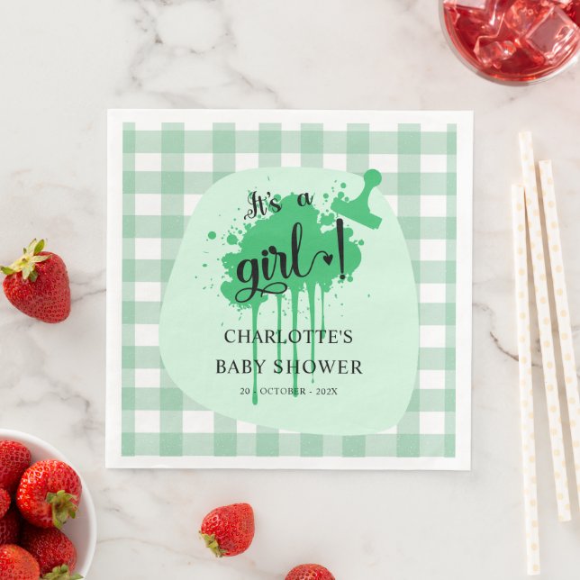 It's a Girl Cute Pastel Green Gingham Baby Shower Napkin (Insitu)