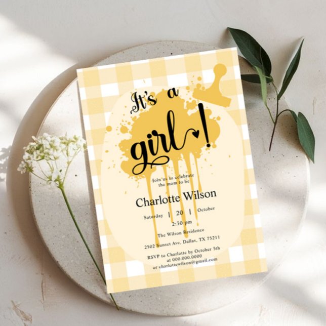 It's a Girl Cute Pastel Orange Gingham Baby Shower Invitation (Creator Uploaded)