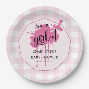 It's a Girl Cute Pastel Pink Gingham Baby Shower Paper Plate