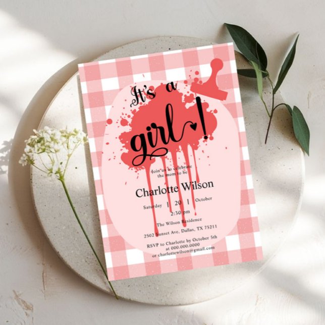 It's a Girl Cute Pastel Red Gingham Baby Shower Invitation (Creator Uploaded)