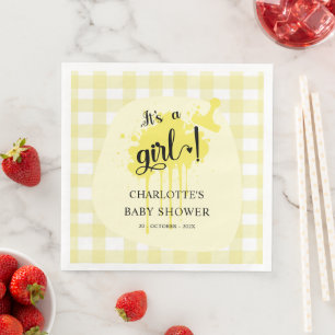 It's a Girl Cute Pastel Yellow Gingham Baby Shower Napkin