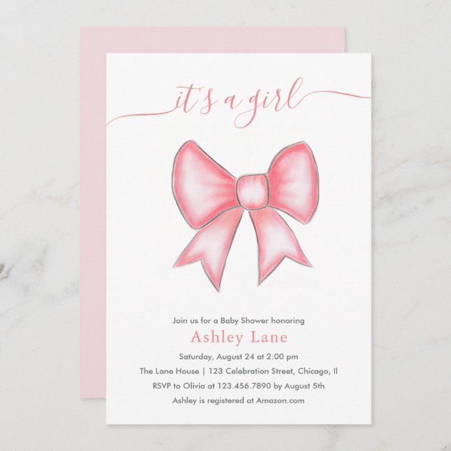 It's a girl Cute Pink Bow Baby Shower Invitation (Front/Back)