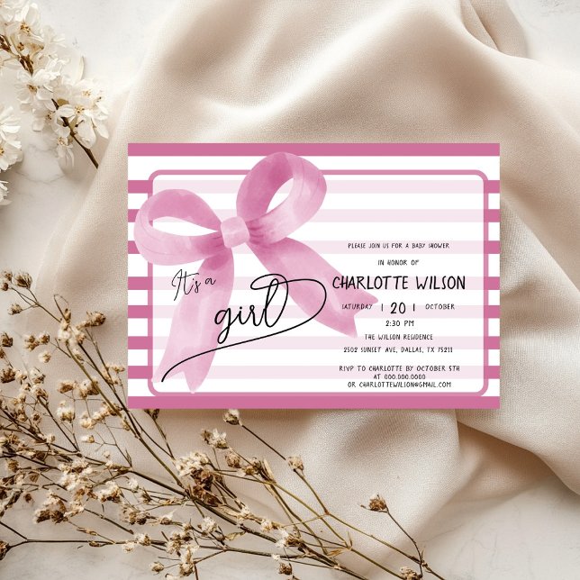 It's a Girl Cute Pink Bow Stripes Baby Shower Invitation (Creator Uploaded)