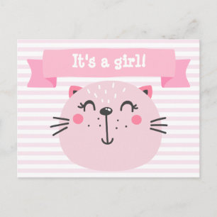 It's a girl! Cute Pink Cat Announcement Postcard