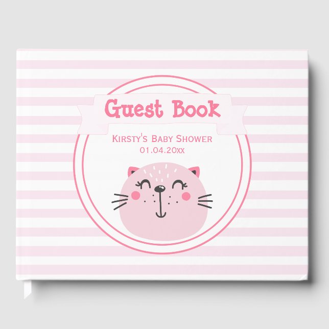 It's a girl! Cute Pink Cat - Baby Shower Guest Book (Front)