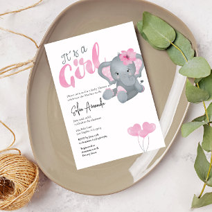 It's a Girl Cute Pink Elephant Baby Shower Invitation