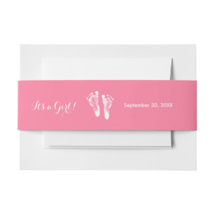 Its a Girl Cute Pink Newborn Baby Girl Footprints Invitation Belly Band