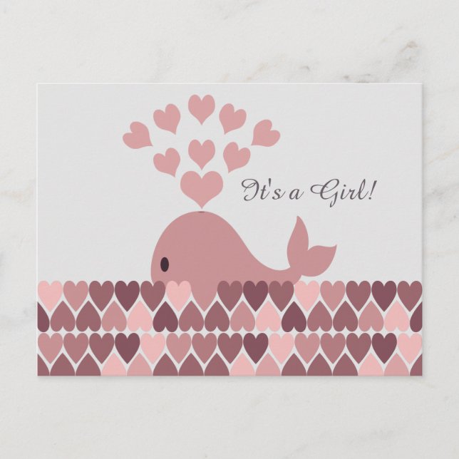 It's a Girl! Cute Pink Whale Announcement Postcard (Front)