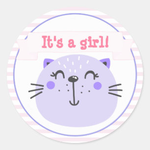 It's a girl Cute Purple Cat Baby Shower Classic Round Sticker