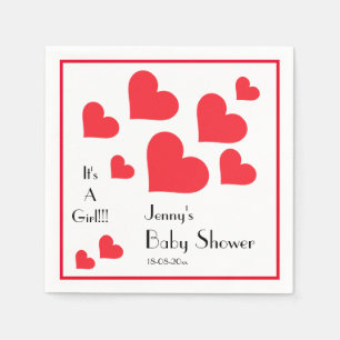 It's A Girl! - Cute Red Hearts Custom Baby Shower Napkin