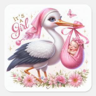 It's a Girl Cute Stork Carrying Baby Girl Square Sticker