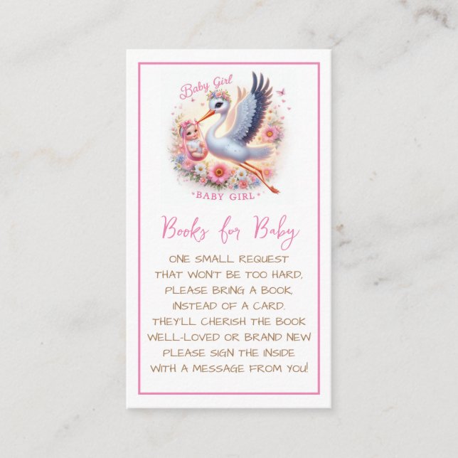 It's a Girl Cute Stork with Baby Girl and Flowers Enclosure Card (Front)