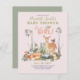 Its a GIRL! Cute Woodland Baby Animals Shower Inv.