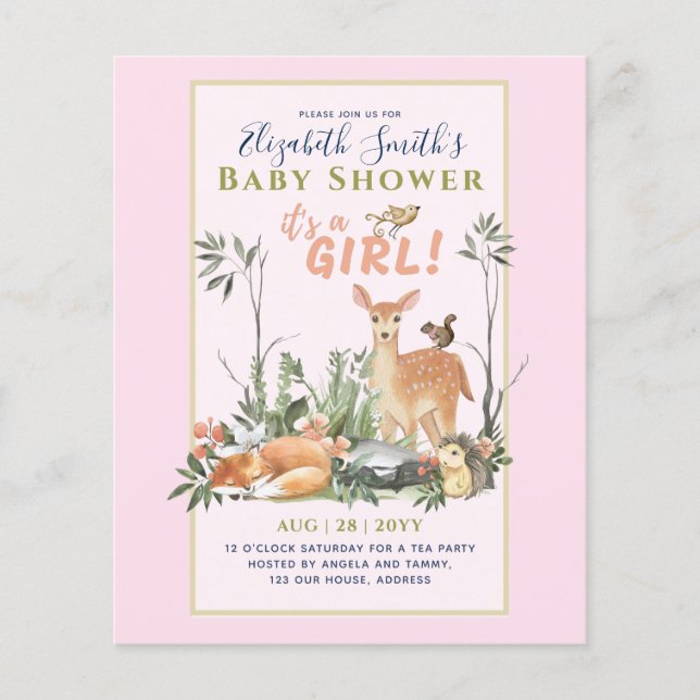 Its a GIRL! Cute Woodland Baby Animals Shower Inv. Flyer (Front)