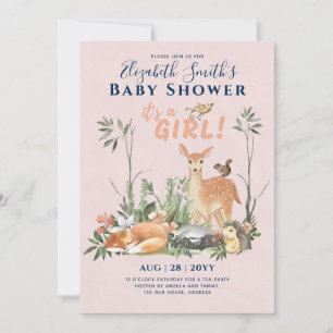 Its a GIRL! Cute Woodland Baby Animals Shower Inv. Invitation