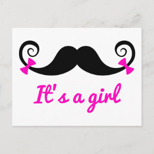 it's a girl design, curly moustache with pink bows announcement postcard