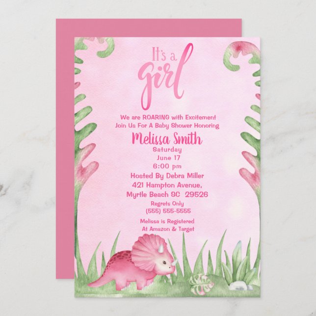 It's a Girl Dino Baby Shower Invitation (Front/Back)
