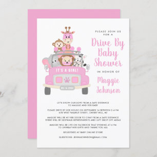 It's a Girl Drive By Safari Pink Baby Shower Invitation