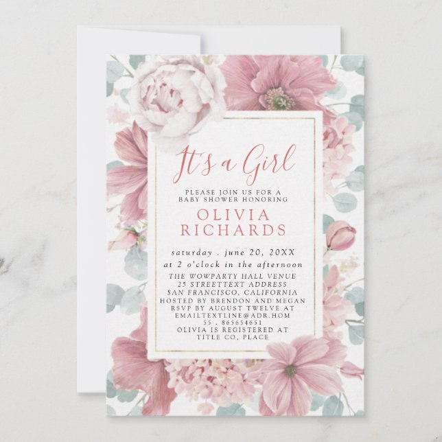 It's A Girl Dusty Rose Floral Cute Baby Shower Invitation (Front)