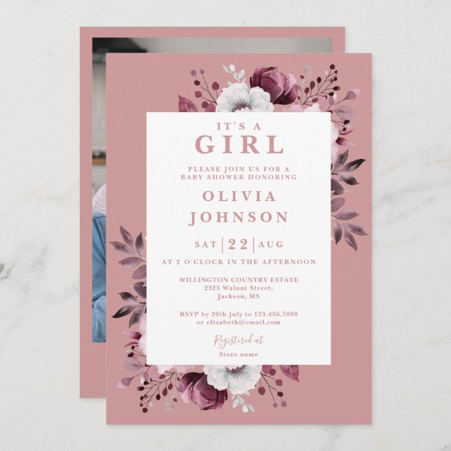 Its A Girl Dusty Rose Floral Photo Baby Shower Invitation (Front/Back)
