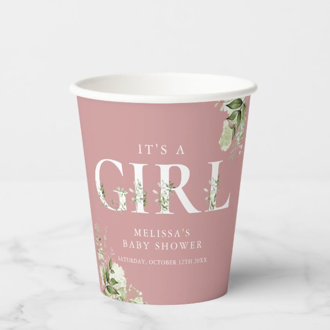 Its A Girl Dusty Rose Pink Greenery Baby Shower Paper Cups (Front)