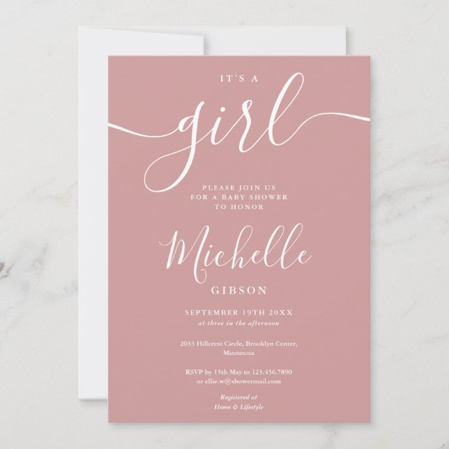Its A Girl Elegant Dusty Rose Pink Baby Shower Invitation (Front)