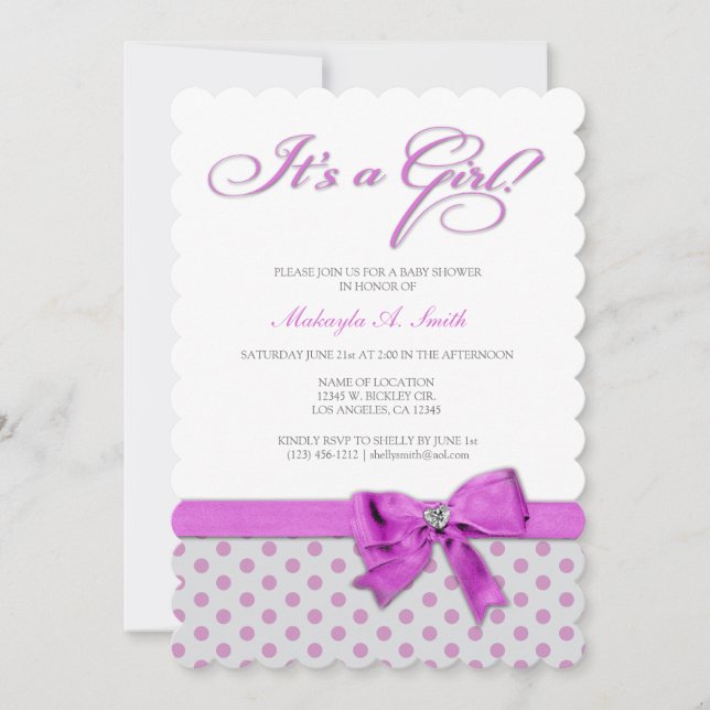 It's a Girl! Elegant Pink and Grey Polka-Dots Invitation (Front)