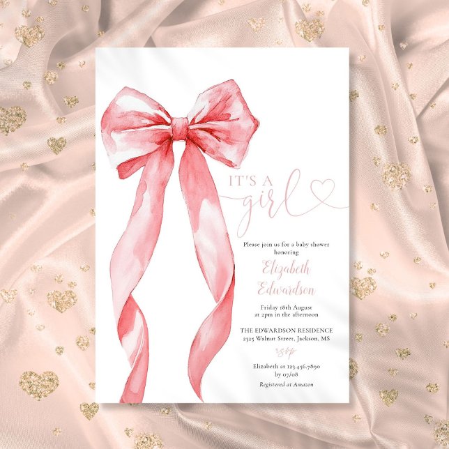 Its A Girl Elegant Pink Bow Baby Shower Invitation (Its A Girl Elegant Pink Bow Baby Shower Invitation)