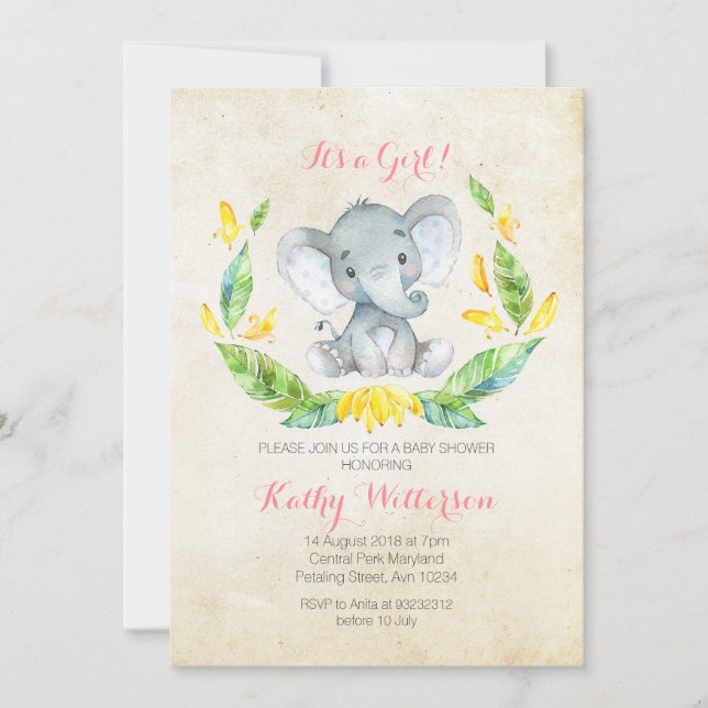 It's a girl elephant baby shower invitation (Front)