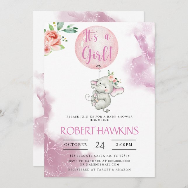 It's a Girl, Elephant Balloon Baby Shower Invitati Invitation (Front/Back)