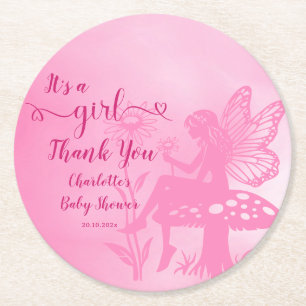 It's a Girl! Fairy Mushroom and Flower Baby Shower Round Paper Coaster