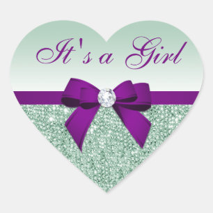It's a Girl Faux Mint Sequins Purple Bow Heart Sticker