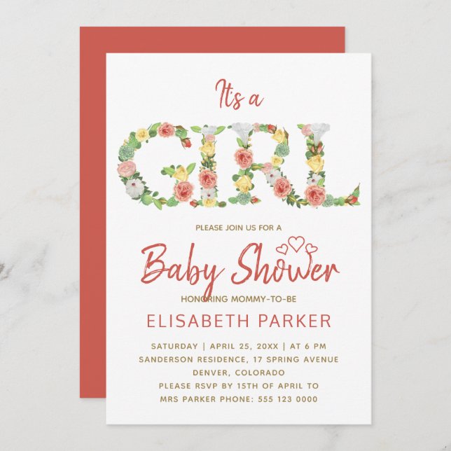 It's a GIRL floral alphabet script baby shower Invitation (Front/Back)