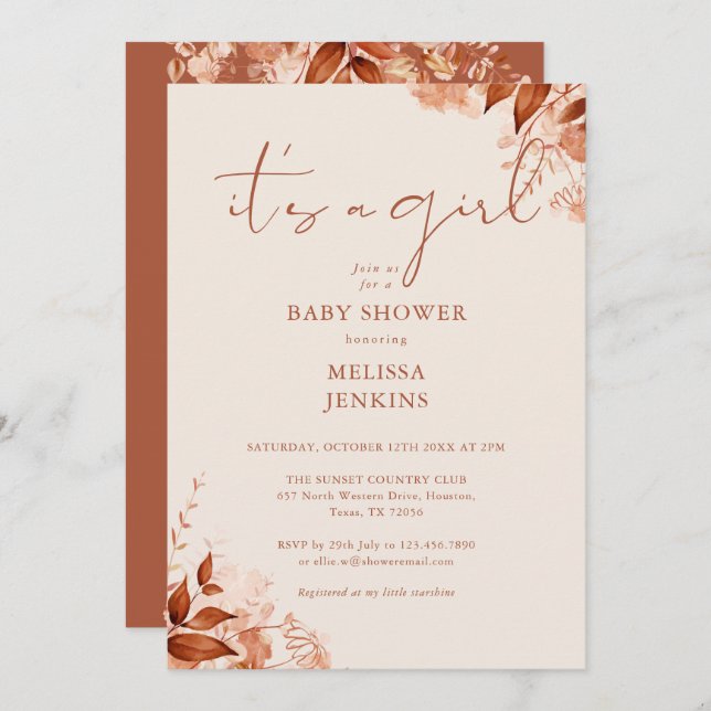 Its A Girl Floral Autumn Fall Baby Shower Invitation (Front/Back)