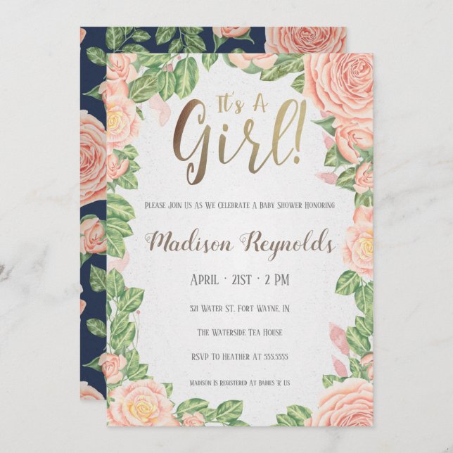 It's A Girl Floral Baby Shower Invitation Dark (Front/Back)