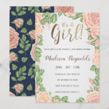 It's A Girl Floral Baby Shower Invitation Dark