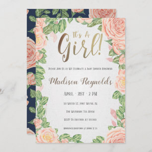 It's A Girl Floral Baby Shower Invitation Dark