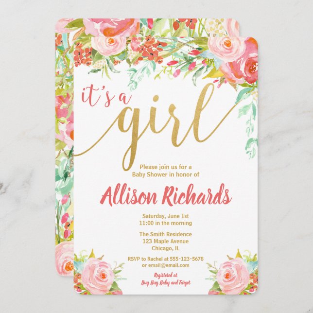 It's a girl floral baby shower invitations (Front/Back)