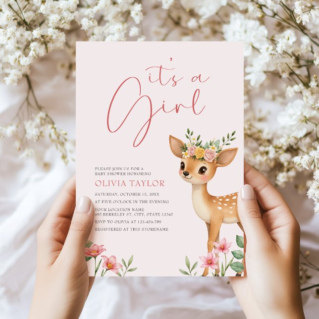 It's A Girl Floral Deer Baby Girl Shower Invitation (Creator Uploaded)