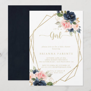 It's A Girl Floral Gold Geometric Baby Shower   Invitation