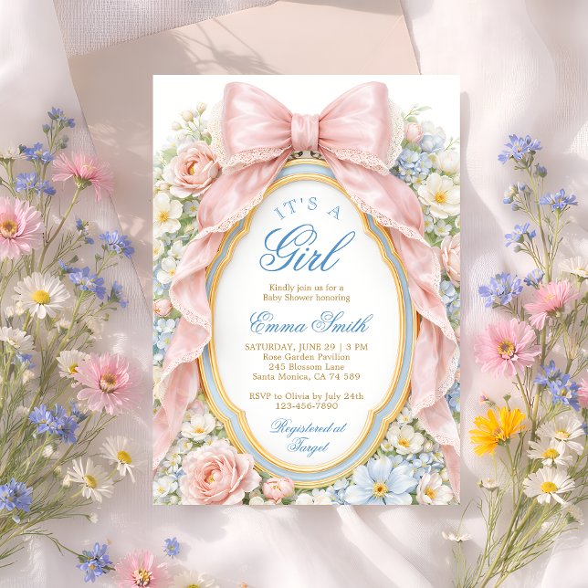 It's a Girl Floral Pink Bow Coquette Baby Shower Invitation (Creator Uploaded)