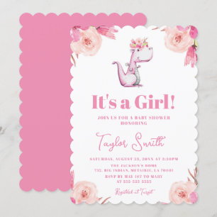 It's a Girl Floral Pink Cute Dinosaur Baby Shower  Invitation