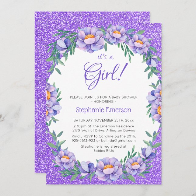 Its A Girl Floral Purple Glitter Baby Shower Invitation (Front/Back)
